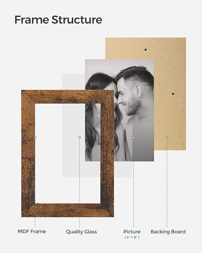 SONGMICS Collage Picture Frames, 4x6 for Wall Decor Set of 4, Multi Family Photo for Gallery Decor, Hanging Display, Christmas Gift, Rustic Brown URPF025X01