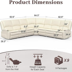Manual Reclining Sectional Sofa Set, 7 Seats Soft Leather Recliner Corner Sectional Couch, Family-Sized L-Shaped Recliner Couch with USB Charging, Thickened Padding, Sturdy Frame, White
