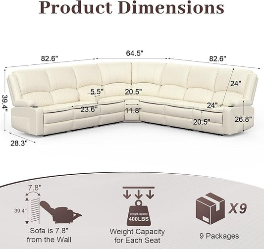 Manual Reclining Sectional Sofa Set, 7 Seats Soft Leather Recliner Corner Sectional Couch, Family-Sized L-Shaped Recliner Couch with USB Charging, Thickened Padding, Sturdy Frame, White