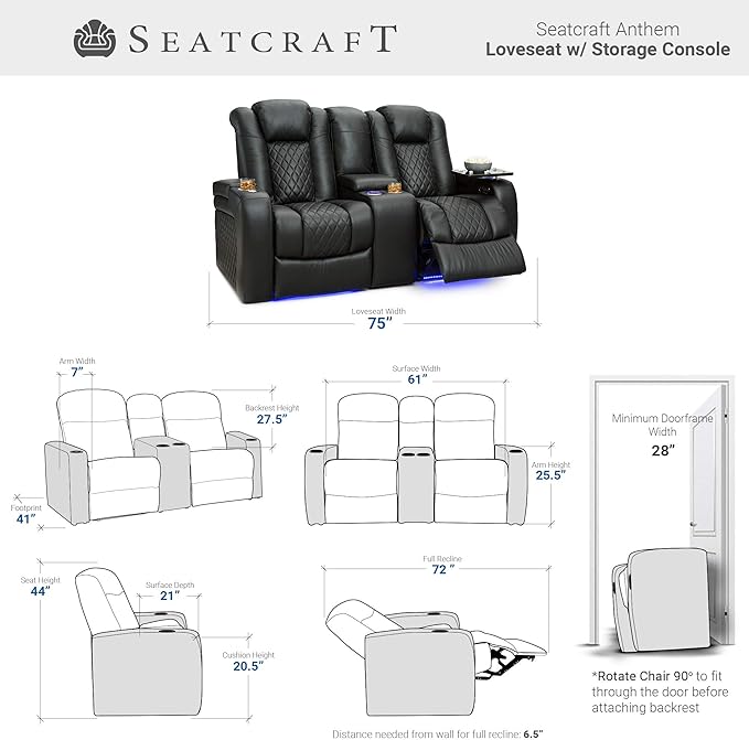 Seatcraft Anthem Home Theater Seating - Italian Leather - Power Recline Loveseat - Center Storage Console - Powered Headrests - Arm Storage - USB Charging - Cup Holders, Black