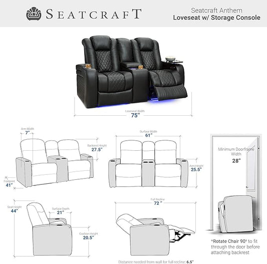 Seatcraft Anthem Home Theater Seating - Italian Leather - Power Recline Loveseat - Center Storage Console - Powered Headrests - Arm Storage - USB Charging - Cup Holders, Black