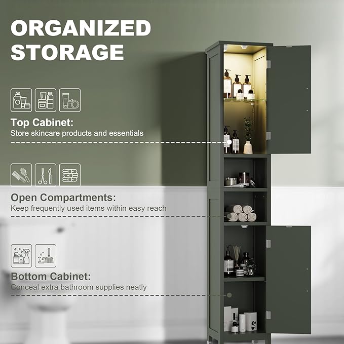 67" Tall Bathroom Storage Cabinet with Lights, Slim Narrow Bathroom Cabinet Organizer with Doors and Adjustable Shelves, Tall Cabinet for Small Space (66.9" Tall-Green with Light, 1 Pack)