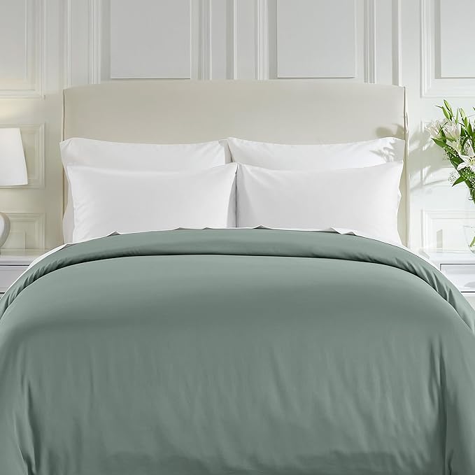 California Design Den Natural 100% Cotton Duvet Cover King Size Only - Premium 400 Thread Count Duvet Covers King, Soft Sateen Weave, Button Closure and Corner Ties - Sage Green