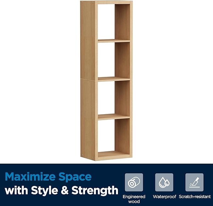 4 Cube Storage Organizer Single Row, Cube Shelf with Heavy-Duty Thick Boards, 13.31"L x 9.37"W x 48.82"H, Smooth Easy-Clean Panels, Simple Assembly, for Living Room Bedroom Office, Natural-Oak