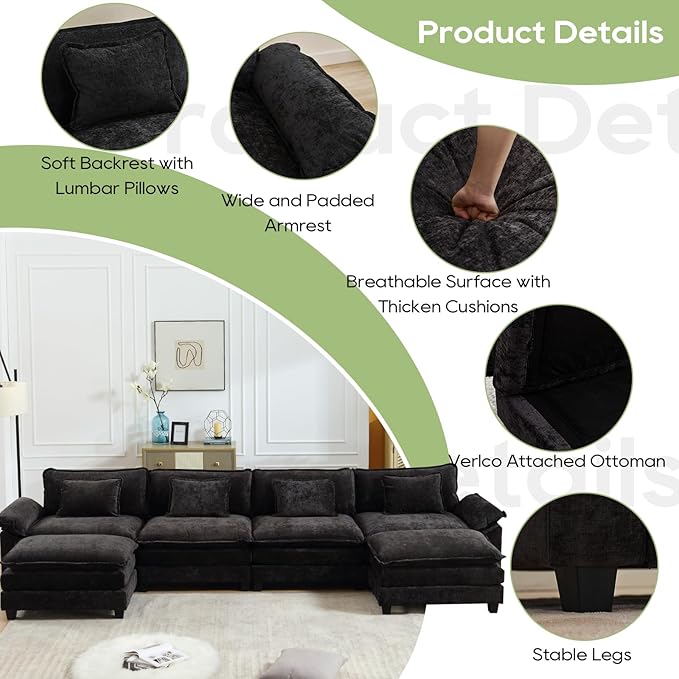 154" Modular Sectional Sofa, Comfy Cloud Couch Sectional Sofa with Ottoman, Chenille Sofa Sleeper Deep Seat Sofa with Throw Pillows for Living Room (Black, 154"- U Shape)