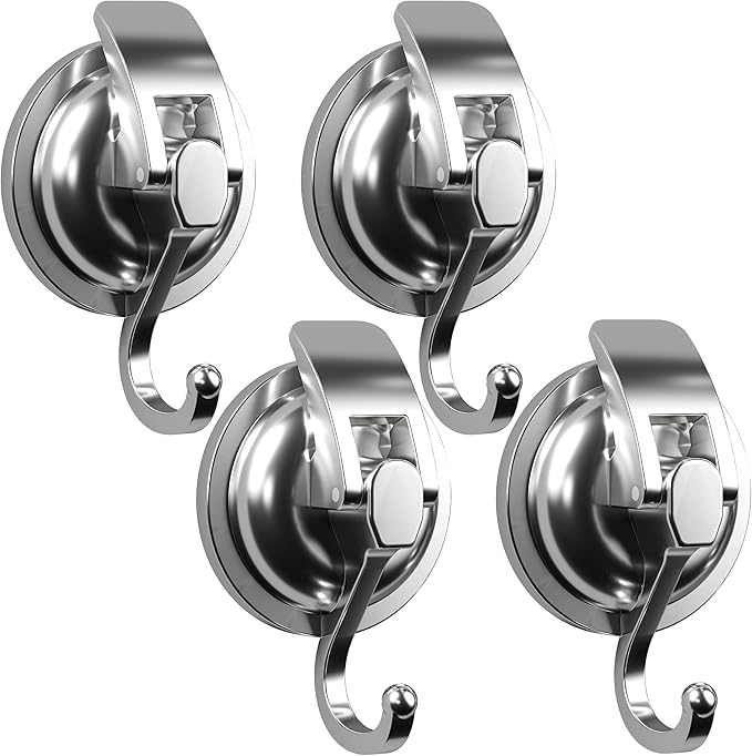Heavy Duty Vacuum Suction Cup Hooks, Silver Plated Polished Super Suction for Kitchen Bathroom, 4 Pack