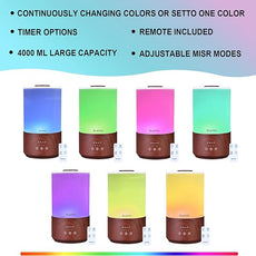 BlueHills Premium 4000 ml Tall Essential Oil Diffuser 4L 4 Liter 50 Hour Run with Remote Timer Aroma Humidifier 1 Gallon Big Capacity High Mist Output for Large Room Lights Dark Wood Grain XL T402