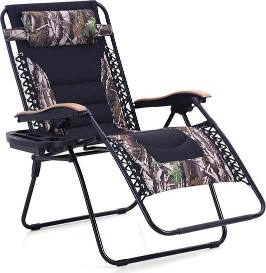 PHI VILLA XXL Oversized Padded Zero Gravity Chair, Foldable Patio Recliner, 30" Wide Seat Anti Gravity Lounger with Cup Holder, Support 400 LBS (Camouflage)