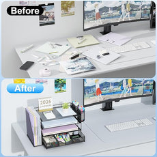 gianotter Desk Organizers and Accessories with File Holder, 4-Tier Desk Accessories & Workspace Organizers with Drawer and 2 Pen Holder, Paper Organizer for Office Supplies (Black)