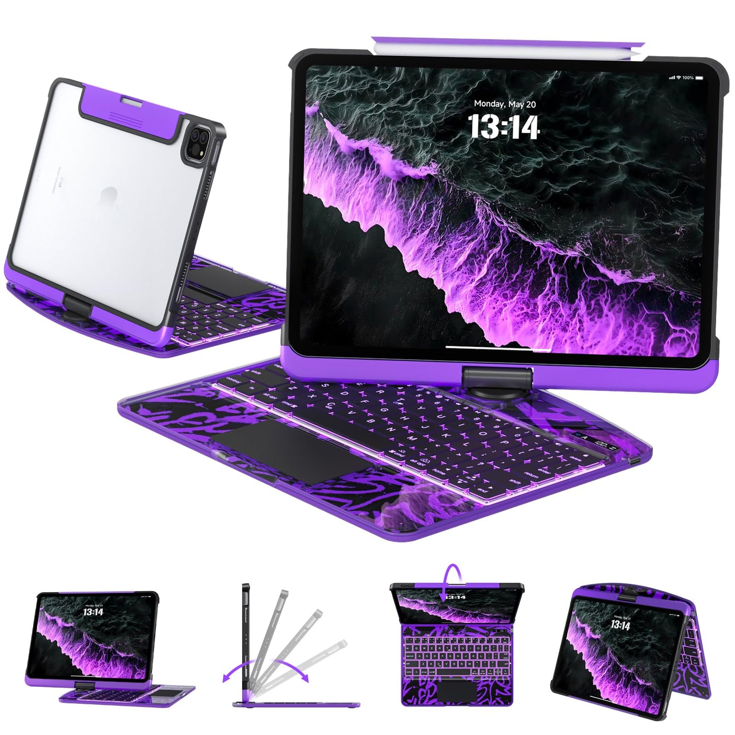 Transparent Keyboard Case for iPad 11” (10th & 11th Gen) – 360° Rotating, Backlit, Trackpad