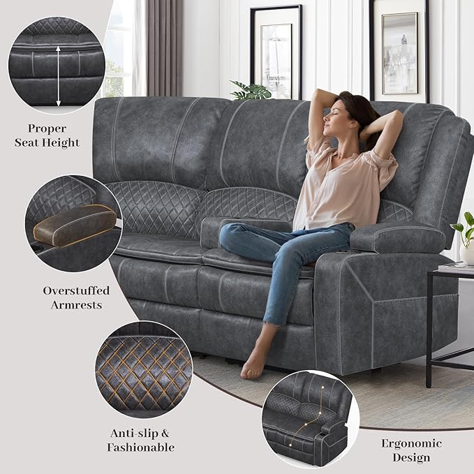Home Theater Seating Reclining Sectional Sofa, 5 Seats Soft Dutch Velvet Recliner Corner Sectional Couch, Recliner Couch with USB Charging, Thickened Padding, Sturdy Frame, Grey