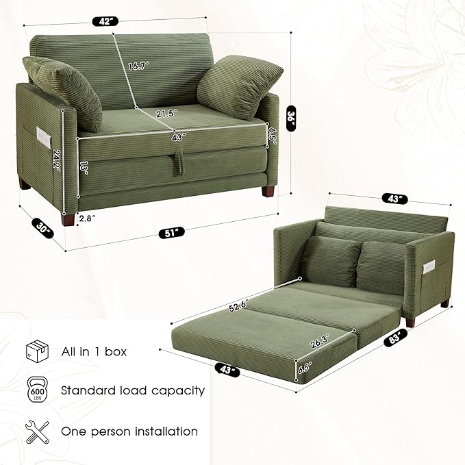 51" Convertible Loveseat Sofa Bed, 2-in-1 Folding Sofa Bed with 2 Pillow for Small Spaces, Modern Loveseat Sleeper Couch for Apartment, Living Room & Guest Room (Green Corduroy, 51 inch)