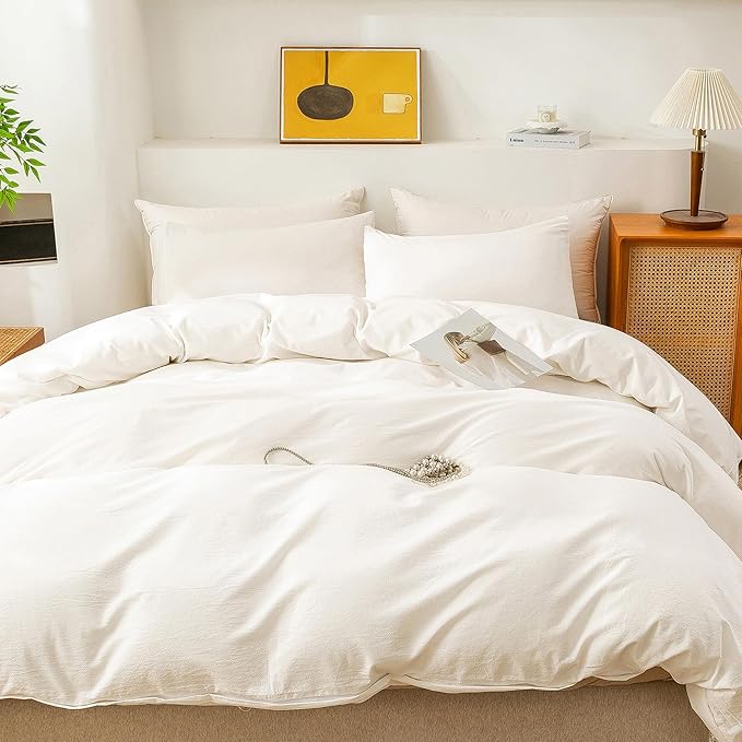 ECOCOTT White Duvet Cover California King Size, 100% Washed Cotton 1 Duvet Cover with Zipper and 2 Pillowcases, Ultra Soft and Easy Care Breathable Bedding Set (White, California King)