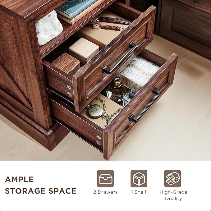 ACCOHOHO 18" Farmhouse Nightstand Set of 2 with Charging Station,End Table with 2 Drawers Storage,Side Table,Bedside Cabinet for Bedroom,Living Room, Brown