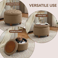 24Inch Round Storage Ottoman with Tray, Modern Tufted Fabric Circle Coffee Table with Storage, Upholstered Ottoman with Removable Top for Living Room, Bedroom, Brown