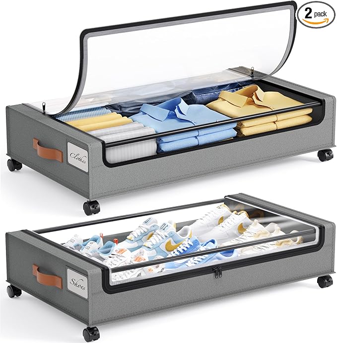 Yecaye Under Bed Storage with Wheels, 2 Pack Under Bed Storage Containers, Large Under Bed Rolling Storage with Clear Window & Label, Bedroom Storage Organizer for Clothes, Shoes, Books, Blankets