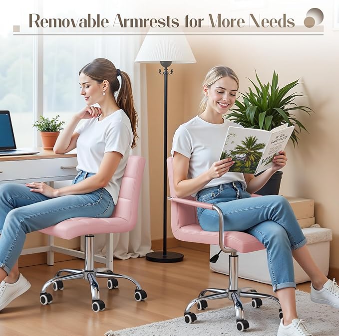 Furmax Mid-Back Office Task Chair Ribbed PU Leather Executive Chair Modern Adjustable Home Desk Retro Comfortable Work Chair 360 Degree Swivel with Arms (Light Pink)