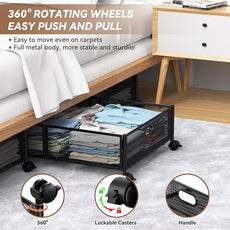 PHINOX Under Bed Storage with wheels, Under the Bed Storage Containers,Upgrade Crossed Iron Wire, Metal Rolling Underbed Storage Containers for Bedroom Clothes Shoes Blankets-2 Pack,Black