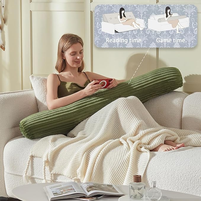 Headboard Wedge Pillow + A Long Neck Roll Pillow Body Pillow，Large Headboard Pillow with Removable Cover (Green, King：76x8x20 inches)