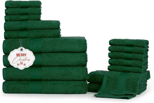 Ample Decor Bathroom Towel Set of 18-4 Hand Towel, 4 Bath Towel, 10 Wash Cloths 600 GSM 100% Cotton - High Absorbency Quick Drying, Ideal for Gifting - Christmas Green