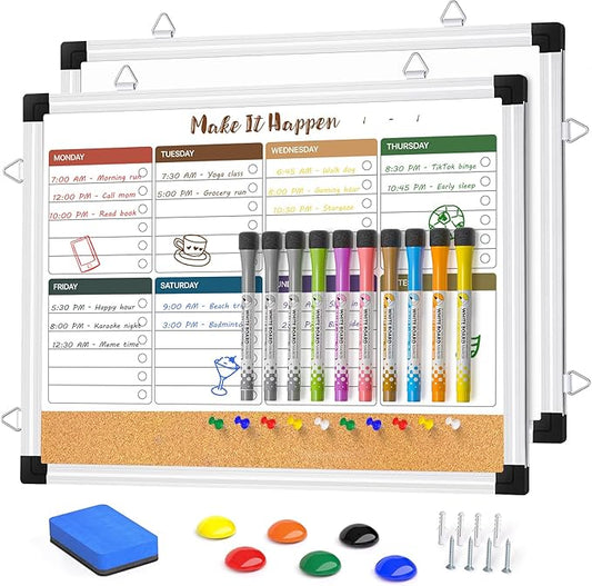 Weekly Dry Erase Board and Cork Board Combo for Wall, 17"x13" Reversible Hanging Dry Erase Board, Double Sided White Board with Aluminum Frame for Planning, Office, Kitchen, School, Home