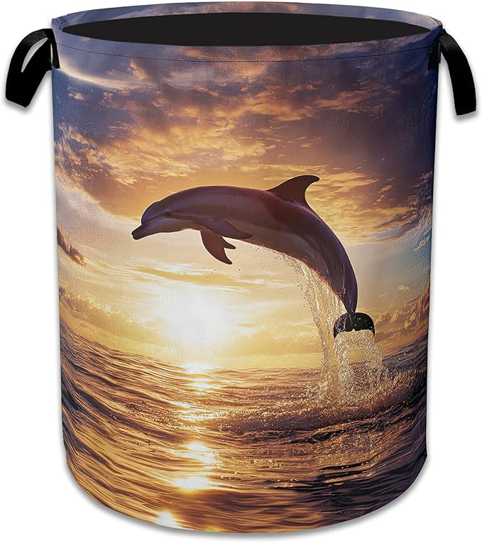 Dolphins Laundry Basket,Foldable Oxford Cloth Sunset Laundry Hamper With Handle, 20.8"x16" Portable Clothes Storage Basket Bag for Laundry Room/Bathroom/Bedroom/Dormitories