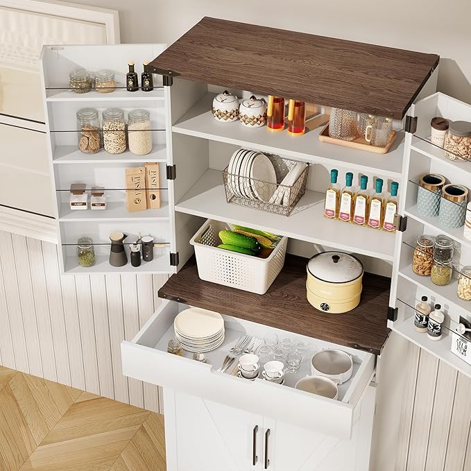 72" Tall Storage Cabinet, Kitchen Pantry Cabinet with Adjustable Shelves & Sturdy Steel Frame, Farmhouse Pantry Storage with 4 Barn Doors for Kitchen, Dining Room, and Living Room, White