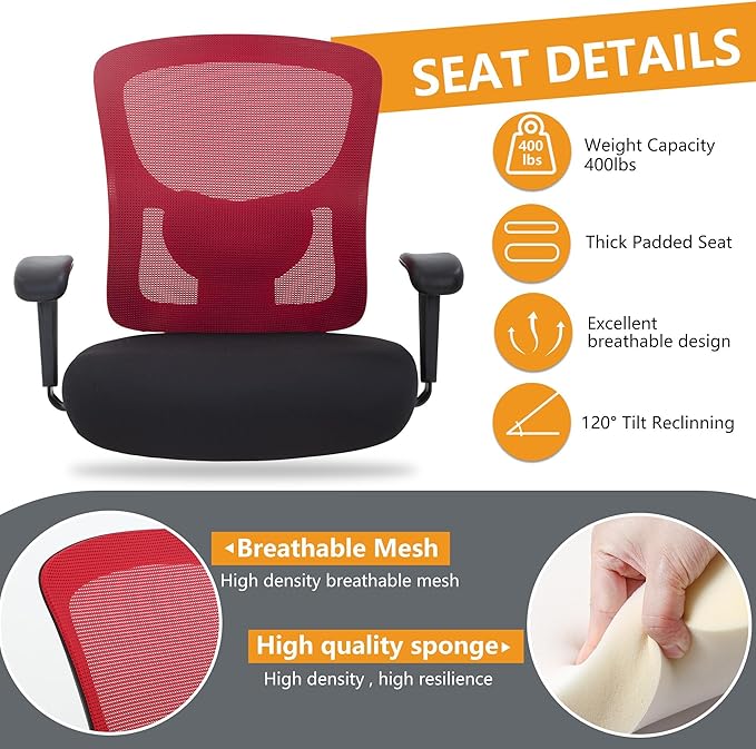 BestOffice Big & Tall Office Chair, 400 lb Capacity Mesh Desk Seating with Lumbar Support, Wide Seat, Adjustable Arms, Rolling Swivel High-Back Ergonomic Executive Task Model for Home Office, Red