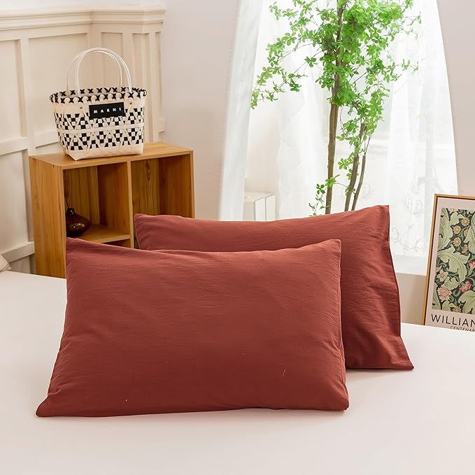 ECOCOTT Duvet Cover Queen Size - Linen Feel Organic Natural 100% Washed Cotton, Soft Breathable 3 Pieces Bedding Set with Zipper Closure, Burnt Brick Red