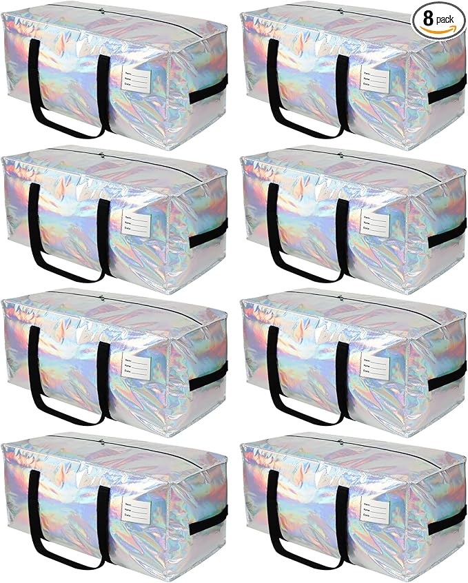 8 Pack Extra Heavy Duty Large Moving Bags with Comfortable Handle & Strong Zipper,Storage Totes for Space Saving Moving Storage College Supplies Alternative to Moving Box,Iridescent