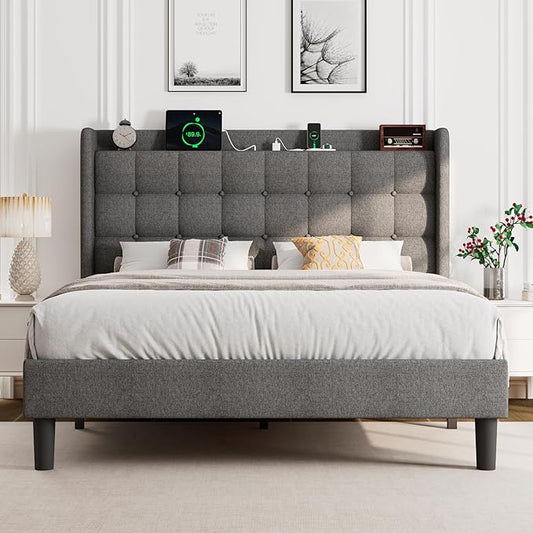 Full Size Bed Frame, Upholstered Platform Bed Frame with Charging Station, Modern Wingback Storage Headboard, Solid Wood Slats Support, No Box Spring Needed, Dark Grey