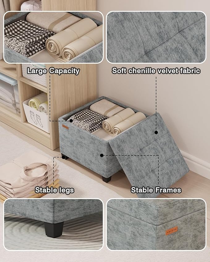 17.7 inches Chenille turfed Ottomans Cube with Storage, Metal-Framed Square Storage Ottoman Foot Rest Stool Holds 770 LB for Dorm Living Room Bedroom Gray UASN641G
