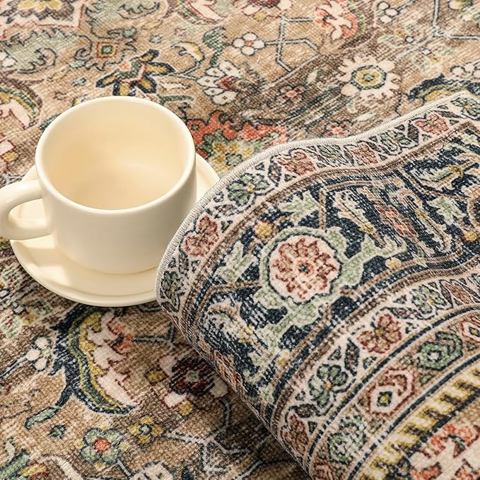 6x9 Washable Area Rug Brown Vintage Distressed Living Room Bedroom Large Throw Rug Non Slip Low Pile Soft Accent Indoor Floor Carpet for Dining Room Office Entryway Kitchen