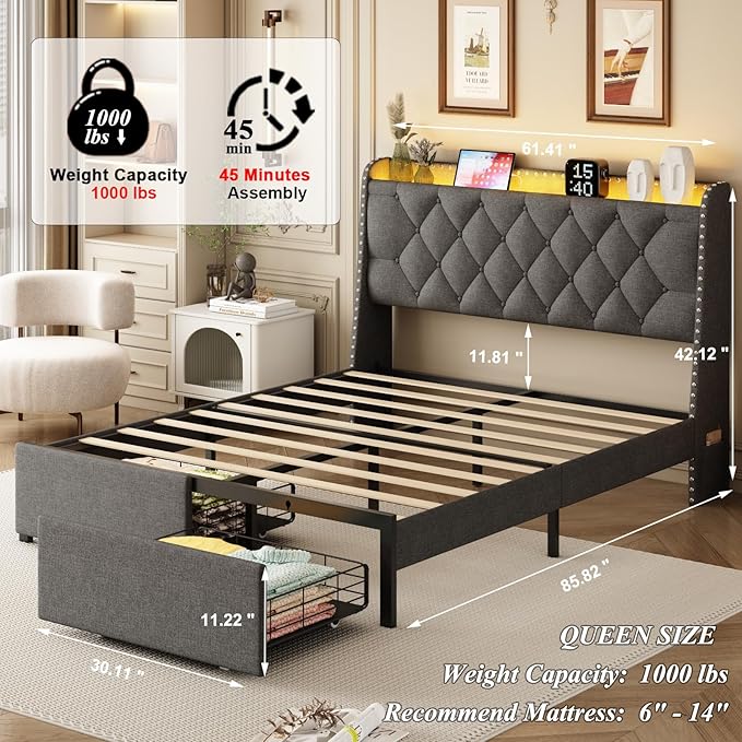 Queen Size Bed Frame with Storage Headboard and 2 Drawers, Upholstered Button Linen Platform Bed frame with Led Lights and Charging Station, No Box Spring Needed, Easy Assembly, Noise Free, Gray