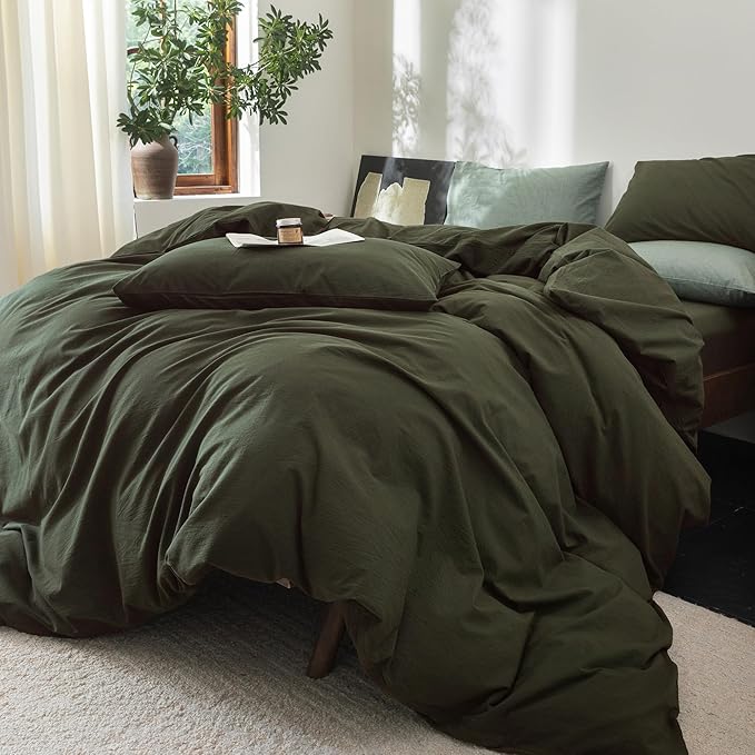FOSSA Duvet Cover Set 100% Washed Cotton Linen Feel Super Soft Breathable Cozy 3 Pieces Bedding Sets Solid Olive Green Queen