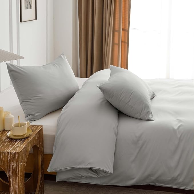 HeimenAogo Egyptian Cotton Duvet Cover Queen Size Sateen Weave, Silky Soft and Breathable Bedding Set with Zipper Closure, Long Staple Cotton Bed Linen Moonlight Grey 3Pcs (90"×90")