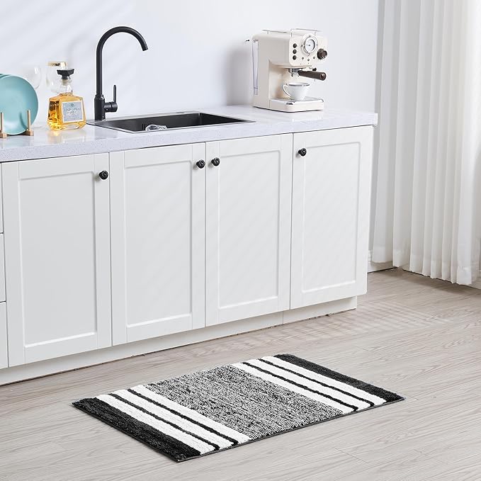 CozeCube Bath mats for Bathroom Non Slip, Fluffy Absorbent Microfiber Bath mat Washable, Aesthetic Bathroom Rugs, Large Jet Black Striped Bath mat, Jet Black, 36" x 24"