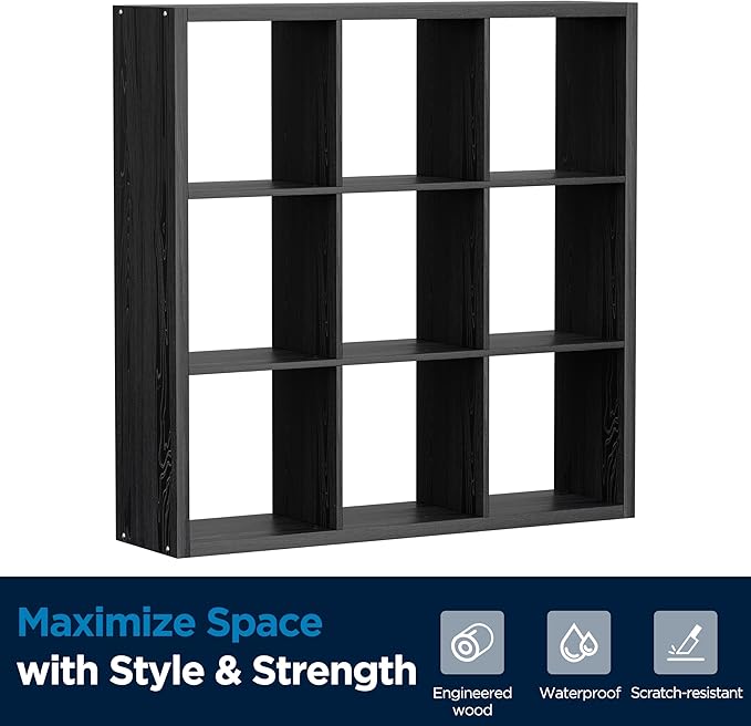 9-Cube Storage Organizer, Wooden Cube Shelf Bookcase with Reinforced Thick Shelves, Heavy-Duty 36.93" L x 9.37" W x 36.93" H, for Living Room Bedroom Home Office, Black