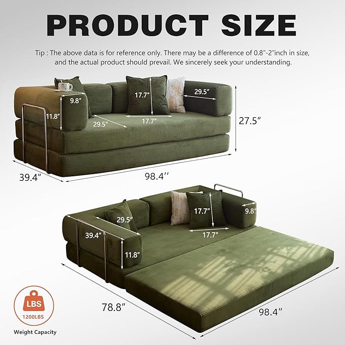 98.4" Convertible Sofa Bed - Compression Sofa with Corduroy Fabric - with Armrests and Backrest - Modular Sectional for Living Room, Bedroom, Studio - Compression Sofa in Box (Green)