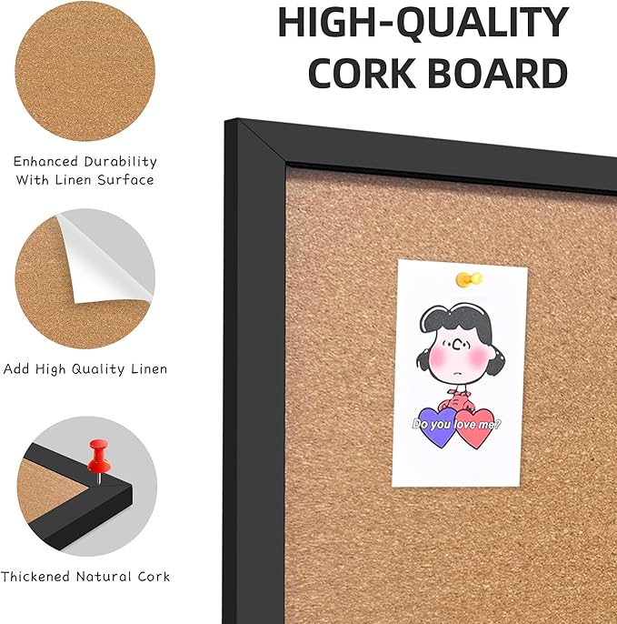 Cork Bulletin Board, 48x31.5 Inches Hanging Cork Board Wooden Framed with Pins for Wall, Dorm Room, Office, Home Decor – Natural Cork & Black Frame