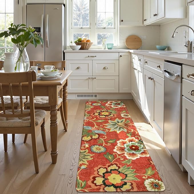 Lahome Floral Red Christmas Runner Rug 2x5, Washable Kitchen Hallway Runner Rug, Vintage Soft Christmas Throw Non-Slip Carpet for Entryway Living Room (2'x5', Red)