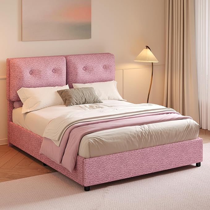 Queen Bed Frame with Headboard, Cloud Boucle Upholstered Bed Frame, Modern Soft Style, Adjustable Headboard, No Box Spring Needed, Easy Assembly, Pink