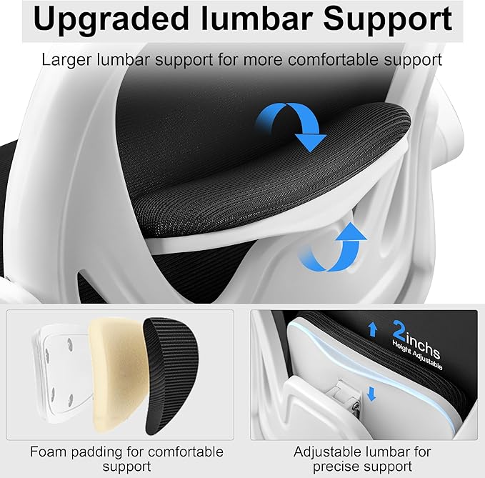 Drafting Chair Tall Office Chair with Flip-up Armrests, Adjustable Height, and Enhanced Lumbar Support - Ergonomic Rolling Stool, Back Support, and Adjustable Foot Rest Ring for Standing Desk White