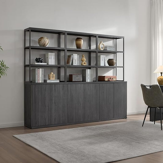 SICOTAS Fluted Book Shelf with Doors - 75" Tall Bookshelf with Storage 6 Tier Large Bookcase with Bottom Cabinet - Modern Metal Book Case for Living Room, Home Office, Bedroom, Kitchen, 3 Pieces