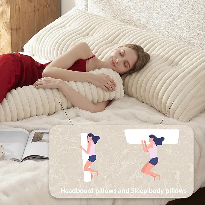 Headboard Pillow + A Long Neck Roll Pillow Body Pillow，Faux Fur Headboard Wedge Pillow with Removable Cover (Beige, Twin：39x8x20 inches)