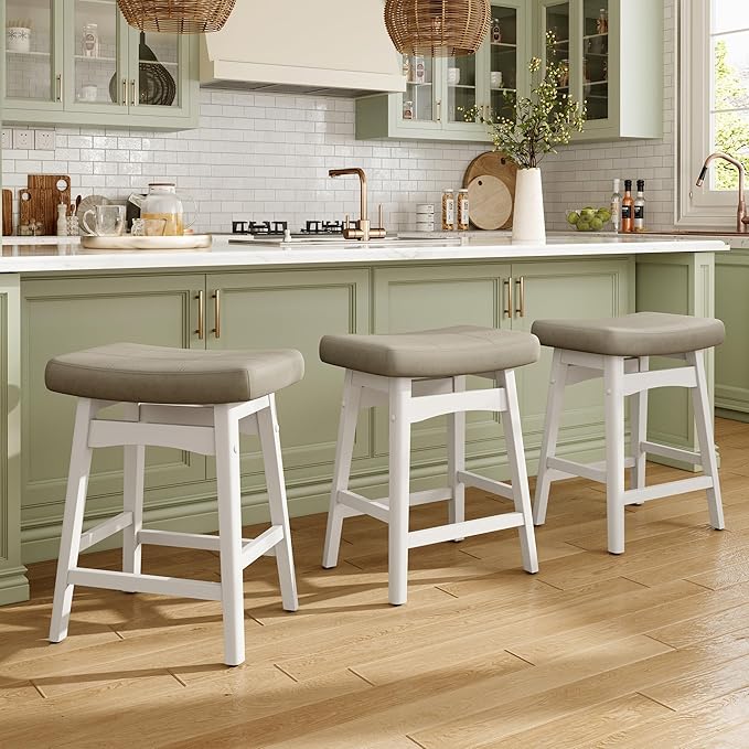 MAISON ARTS Beige Counter Height Bar Stool for Kitchen Counter Solid Wood Legs with Faux Leather Saddle Seat Farmhouse Barstools for 34"-38" Counter Island Upholstered Stools, 24in Height