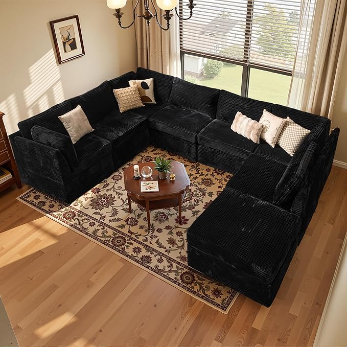 Large 8 Seat Modular Sectional Sofa with Ottoman Seat Corduroy Sleeper Sectional Sofa Bed Oversized Convertible Modular Couch for Living Room