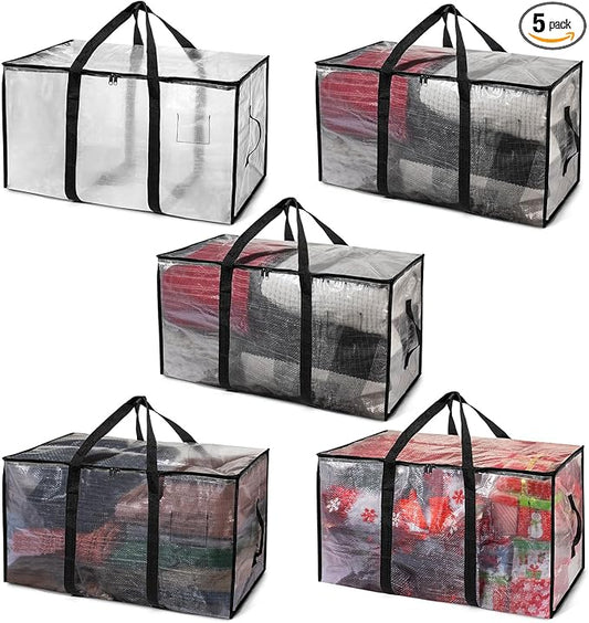 ClearSpace Heavy Duty Moving Bags or Storage Bags – Clear Storage Bins with Lids, Large Moving Boxes with Backpack Straps & Zippers,– Packing Box & Moving Supplies for College Dorm, 5 Pack