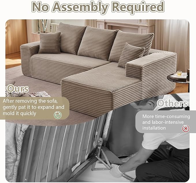 107" Cloud Sectional Couch with L-Shape Chaise, Modern Modular Comfy Sofa Chaise Longue, Upholstered Corduroy Couches Sleeper with Deep Seat for Living Room Bedroom, No Assembly Required, Camel