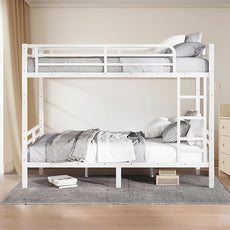 Full XL Over Full XL Bunk Bed, Metal Bunk Bed Frame Heavy Duty Bunk Beds Loft Bed Frame with Ladder and Guardrail Metal Slats No Box Spring Required for Adults Teens, White